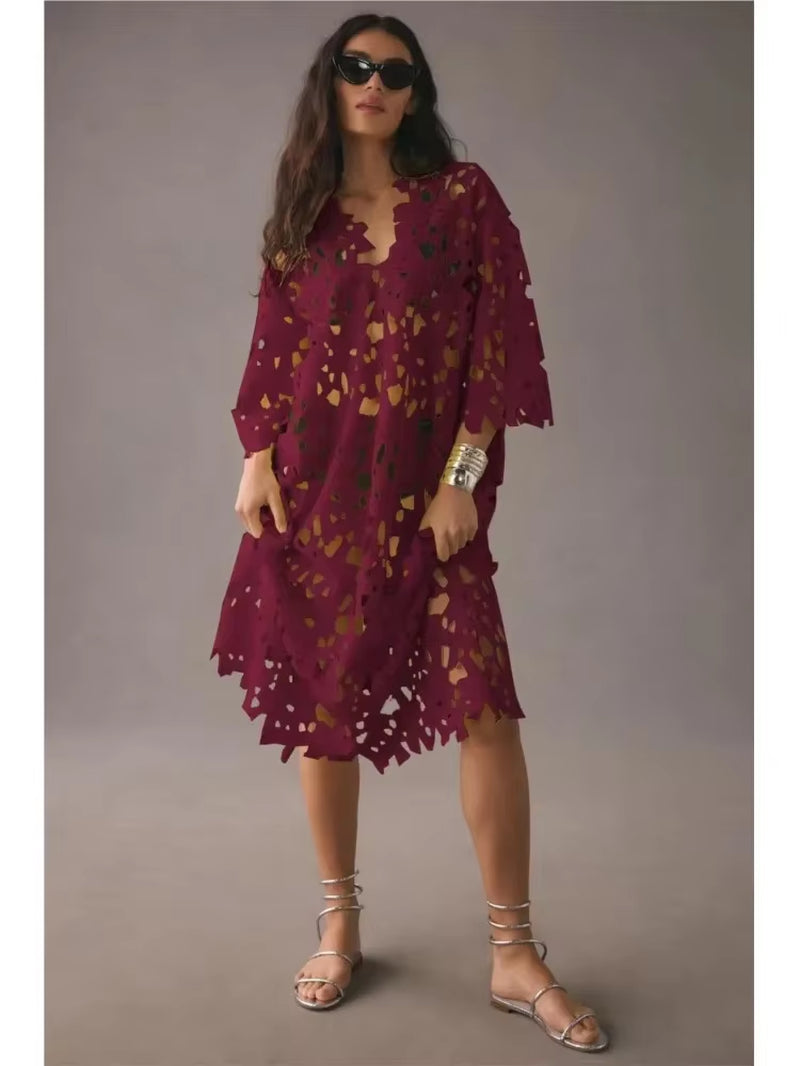 Seductive Elegance: Sexy Lace Hollow Out V-Neck Beach Dress