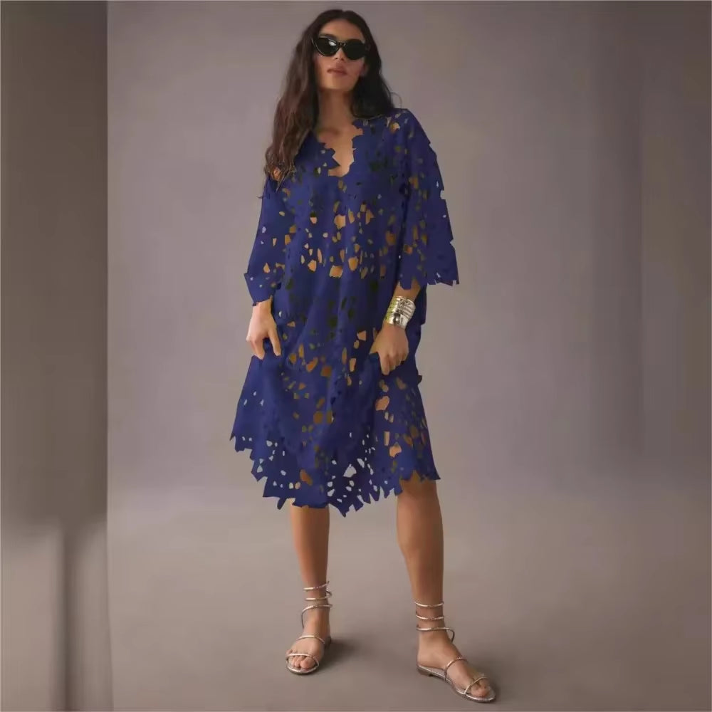 Seductive Elegance: Sexy Lace Hollow Out V-Neck Beach Dress